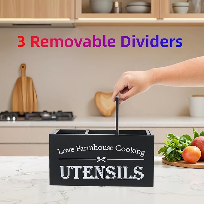 Kitchen Utensil Holder,Farmhouse Wooden Utensil Holder For Kitchen Counter,Large Cooking Spatula Organizer,Big Storage With 3 Compartments Flatware Spoon Tool Cutlery（Black）