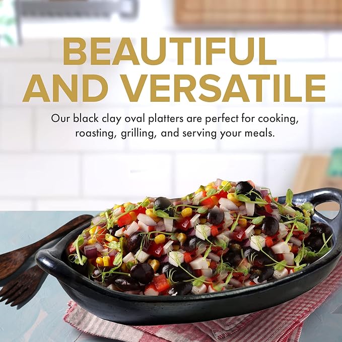 Authentic Chamba Oval Platter with Handles - Elegant, All-Natural Black Clay Roasting Pan for Baking, Roasting and Serving - Stovetop & Oven Safe – Handmade in Colombia – 8 Inches Long