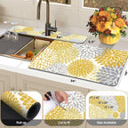 Findosom 2PCS 16" x 24" Fall Dish Drying Mat & 24" x 5.5" Sink Splash Guard, Super Absorbent & Cuttable Dish Mat Drying Kitchen Mat with Yellow Floral, Hide Stain Drying Mat for Kitchen Counter