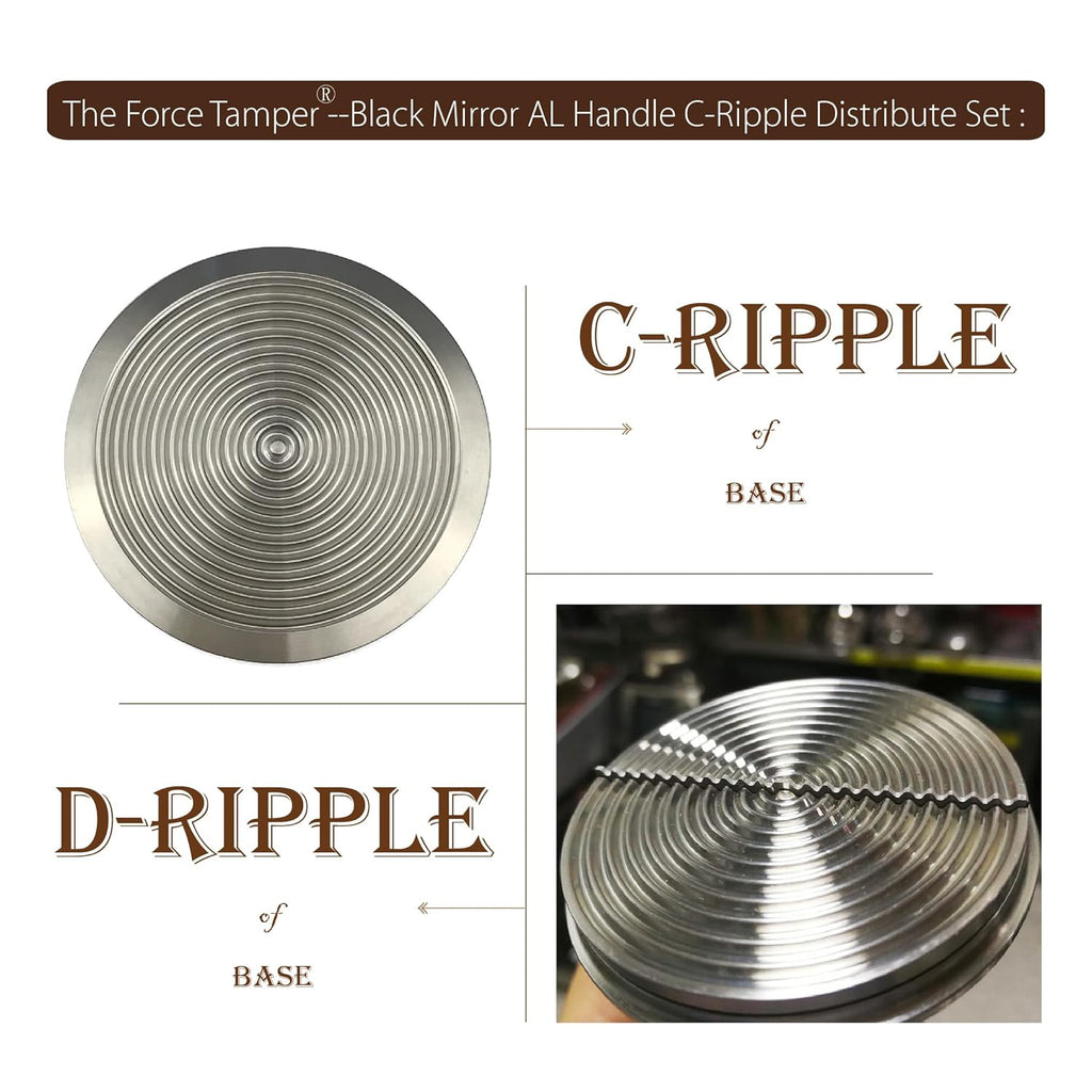 The Force Tamper Automatic Impact Adjustable Constant Pressure and Autoleveling Coffee Tamper Black Mirror Jellyfish AL Handle Set Pro (C-Ripple Distribute Set, 58.50mm)