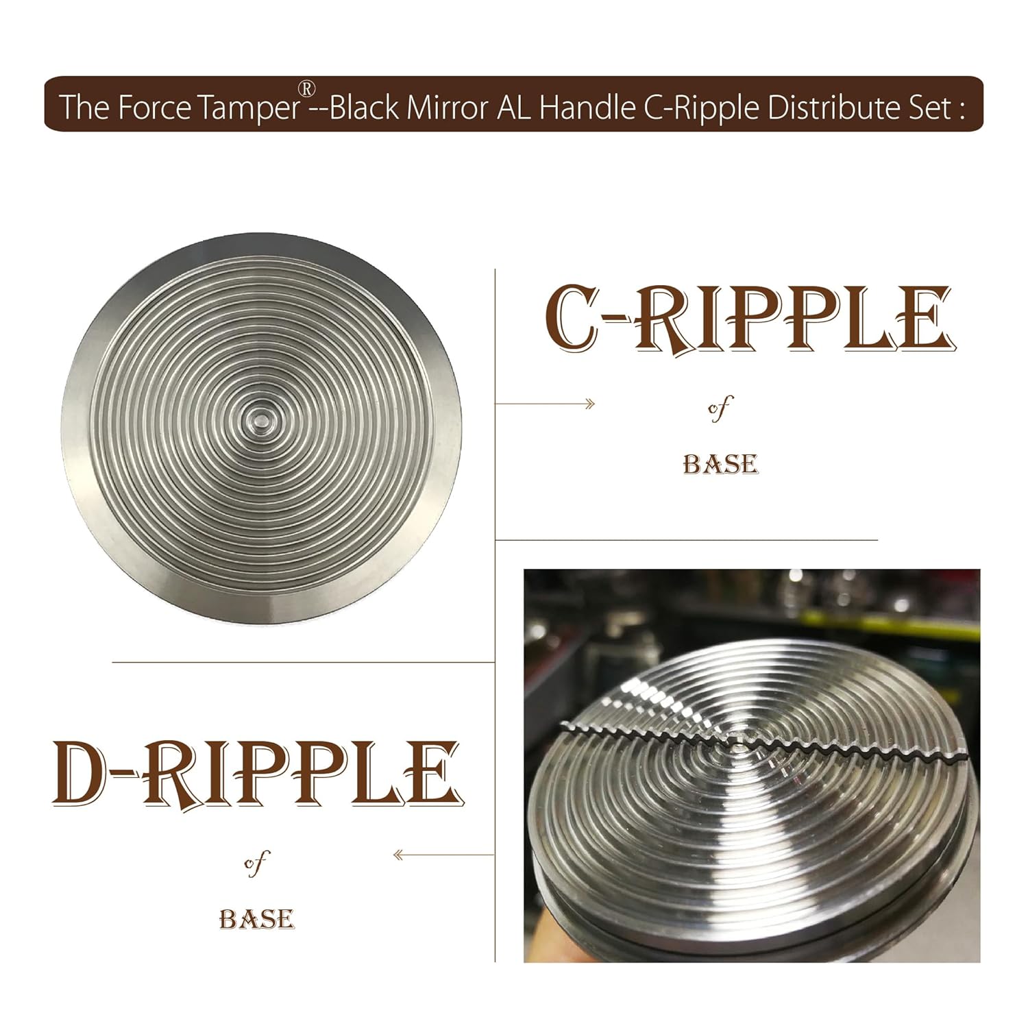 The Force Tamper Automatic Impact Adjustable Constant Pressure and Autoleveling Coffee Tamper Black Mirror Jellyfish AL Handle Set Pro (C-Ripple Distribute Set, 58.50mm)