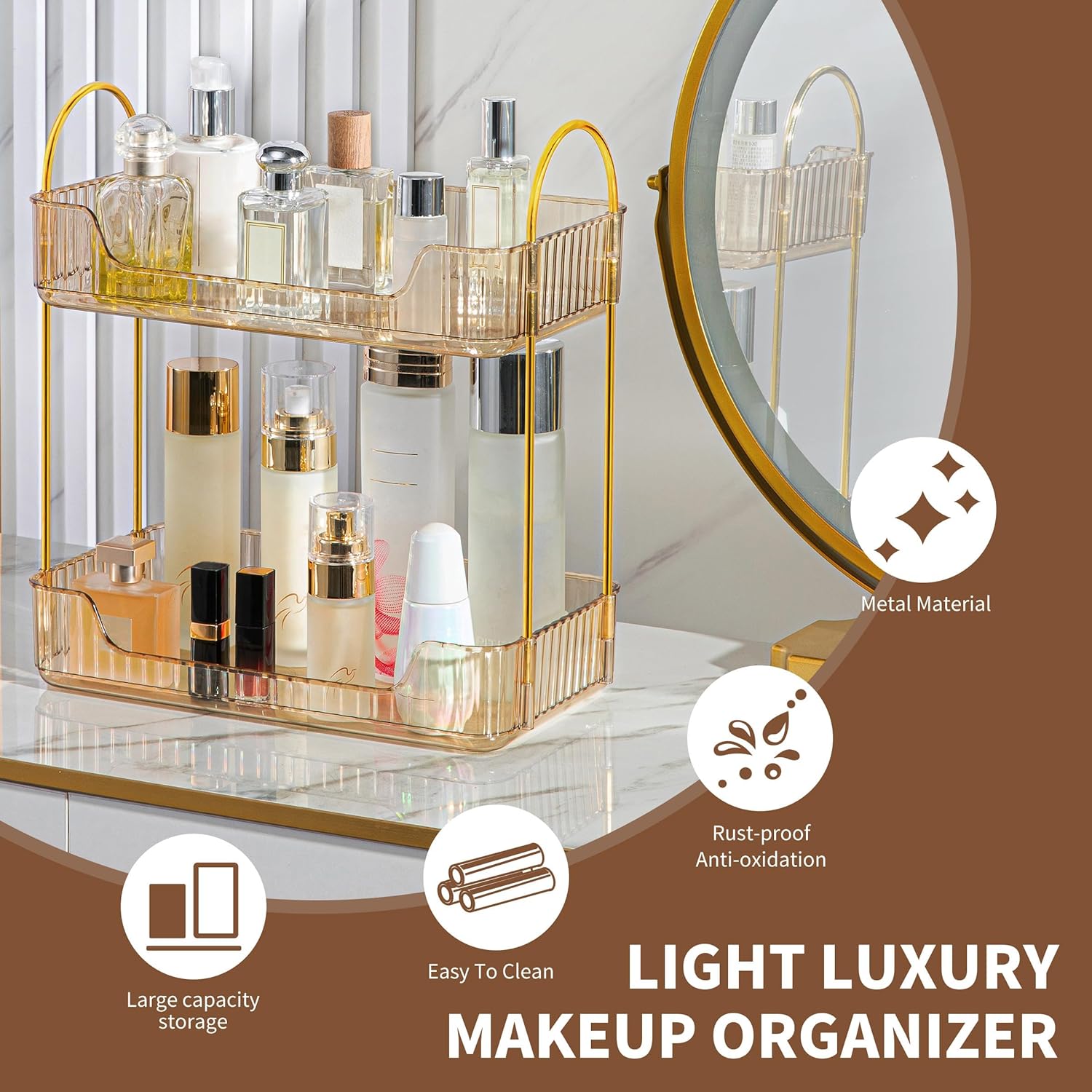 YCIA&DONE Bathroom Organizer Countertop, Makeup Storage, Skincare Cosmetic Tray Shelf, Perfume Holder Rack for Vanity Counter, Large Capacity, Easy to Install, Clean, 2 Tiers, Amber Gold