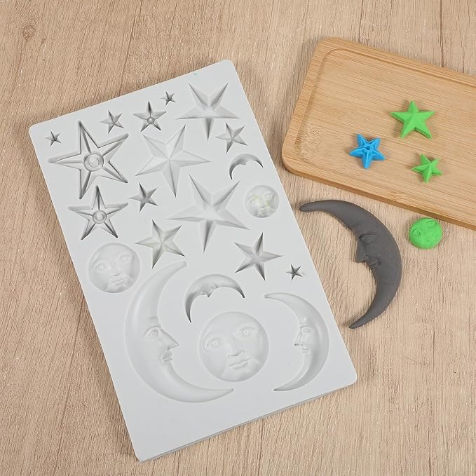 Sun Face Moon Stars Polymer Clay Molds, Silicone Fondant Mold Cake Decorating Tools, Candy Mould for Chocolate Gumpaste Sugarcraft DIY Resin Crafts