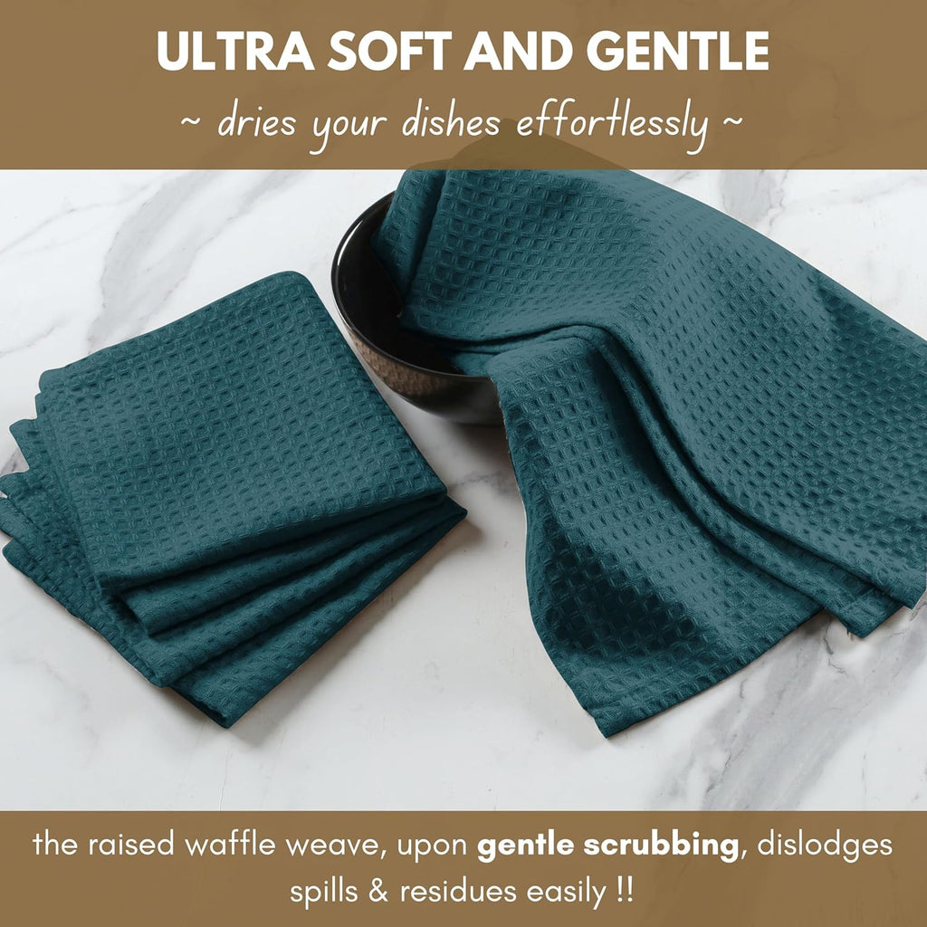 Native Fab Waffle 12 Pack Dish Cloths - 100% Cotton, Absorbent, Quick Drying, Washable Towels for Cleaning, Cooking - Ideal for Home, Restaurants, Bars & Multi Purpose Use - 12 x 12 inch - Teal Green
