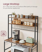 VASAGLE Hutch Bakers Rack with Power Outlet, 14 Hooks Microwave Stand, Adjustable Coffee Bar with Metal Wire Panel, Kitchen Storage Shelf, 15.7 x 39.4 x 66.9 Inches, Rustic Brown and Black UKKS038B01