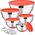 E-far Stainless Steel Mixing Bowls with Lids Set, 5-Piece Nesting Salad Bowls with 3 Grater Attachments and Non-Slip Bottoms, Size 4.6, 2.6, 2, 1.5, 1QT for Kitchen (Red)