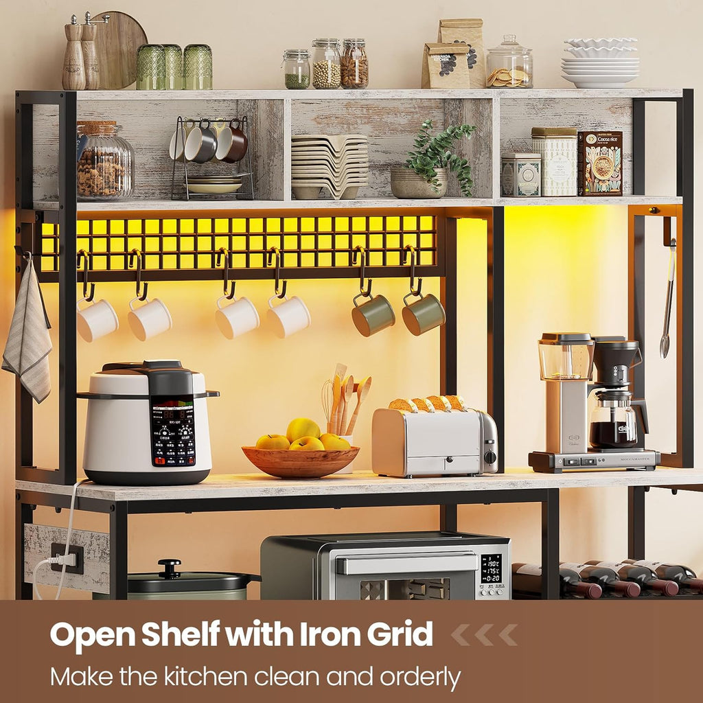 Itaar 47.2 Inch Bakers Rack with Power Outlet, Microwave Stand with Storage, Farmhouse Coffee Bar Cabinet Station with Wine Rack, Iron Grid and 8-S Hooks, Vintage White