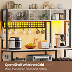 Itaar 47.2 Inch Bakers Rack with Power Outlet, Microwave Stand with Storage, Farmhouse Coffee Bar Cabinet Station with Wine Rack, Iron Grid and 8-S Hooks, Vintage White