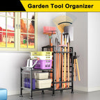 GIOTORENT 5 Tier Garden Tool Organizer, Metal Yard Tools Storage Rack, Garage Storage and Organization, Heavy Duty Garden Tool Organizer for Garage, Yard, Patio, Shed, Indoors and Outdoors, Black