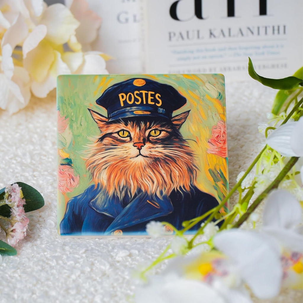 Ceramic Coasters Set of 4 – Square Drink Coasters with Cork Backing, 3.9x3.9 Inches – Decorative Printed Designs for Home, Office, or Gift Use (Starry Cats)