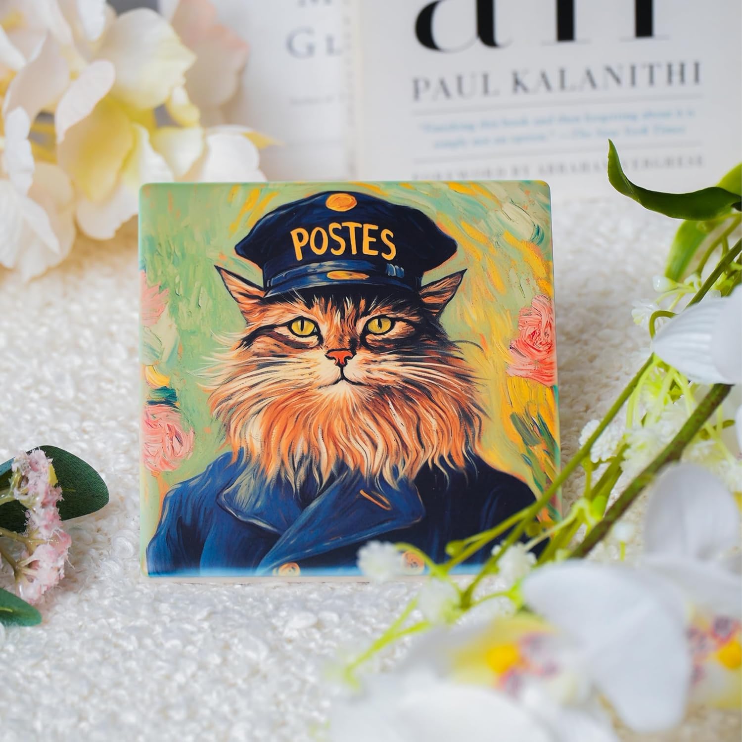 Ceramic Coasters Set of 4 – Square Drink Coasters with Cork Backing, 3.9x3.9 Inches – Decorative Printed Designs for Home, Office, or Gift Use (Starry Cats)