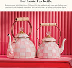 MACKENZIE-CHILDS Enamel Tea Kettle, Stylish Tea Kettle for Stovetop, Pink-and-White Rosy Check, 3 Quarts