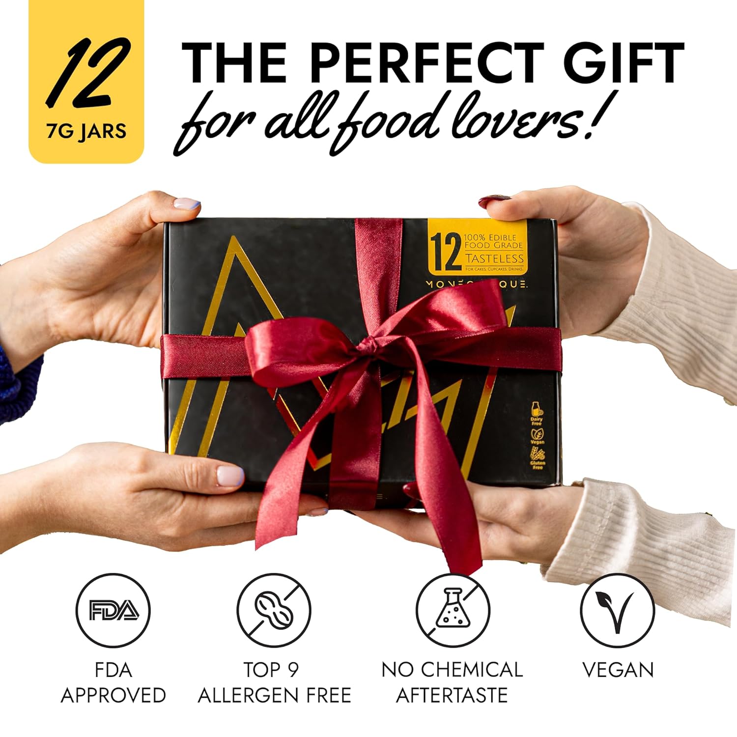 MONÉGASQUE Luster Dust Edible Glitter for Drinks 12 Pcs Set – Best Gift Idea for Bakers – Bakers Gift Set for Cake Decorations – Edible Glitter for Cakes & Cocktails – Cake Decorating Supplies