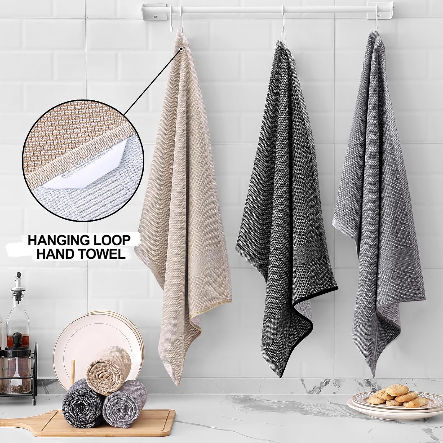 Homaxy Premium Kitchen Towels(18”x 28”, 6 Pack), Large Cotton Kitchen Hand Towels, Flat and Terry Dish Towels, 380 GSM Highly Absorbent Tea Towel Set with Hanging Loop, Grey/Khaki/Black