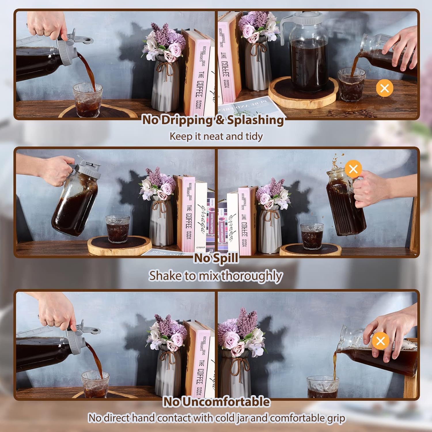 Cold Brew Coffee Maker Glass Pitcher, 32 oz Mason Jar with Pour Spout Handle Lid with Stainless Steel Filter for Iced Coffee, Lemonade, Ice Tea, Fruit Drinks