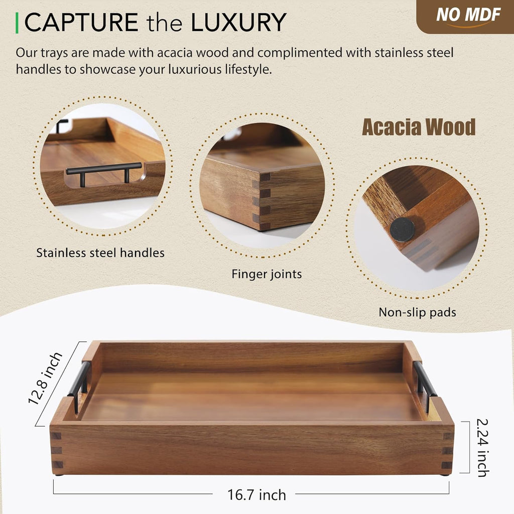 Joy&Grace Ottoman Tray for Living Room 16.7 x 12.8 inch Large Acacia Wooden Serving Tray with Handles for Coffee Table, Breakfast in Bed, Food Dinner, Decorative Rectangular Tray (Color Natural)