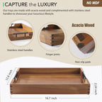 Joy&Grace Ottoman Tray for Living Room 16.7 x 12.8 inch Large Acacia Wooden Serving Tray with Handles for Coffee Table, Breakfast in Bed, Food Dinner, Decorative Rectangular Tray (Color Natural)