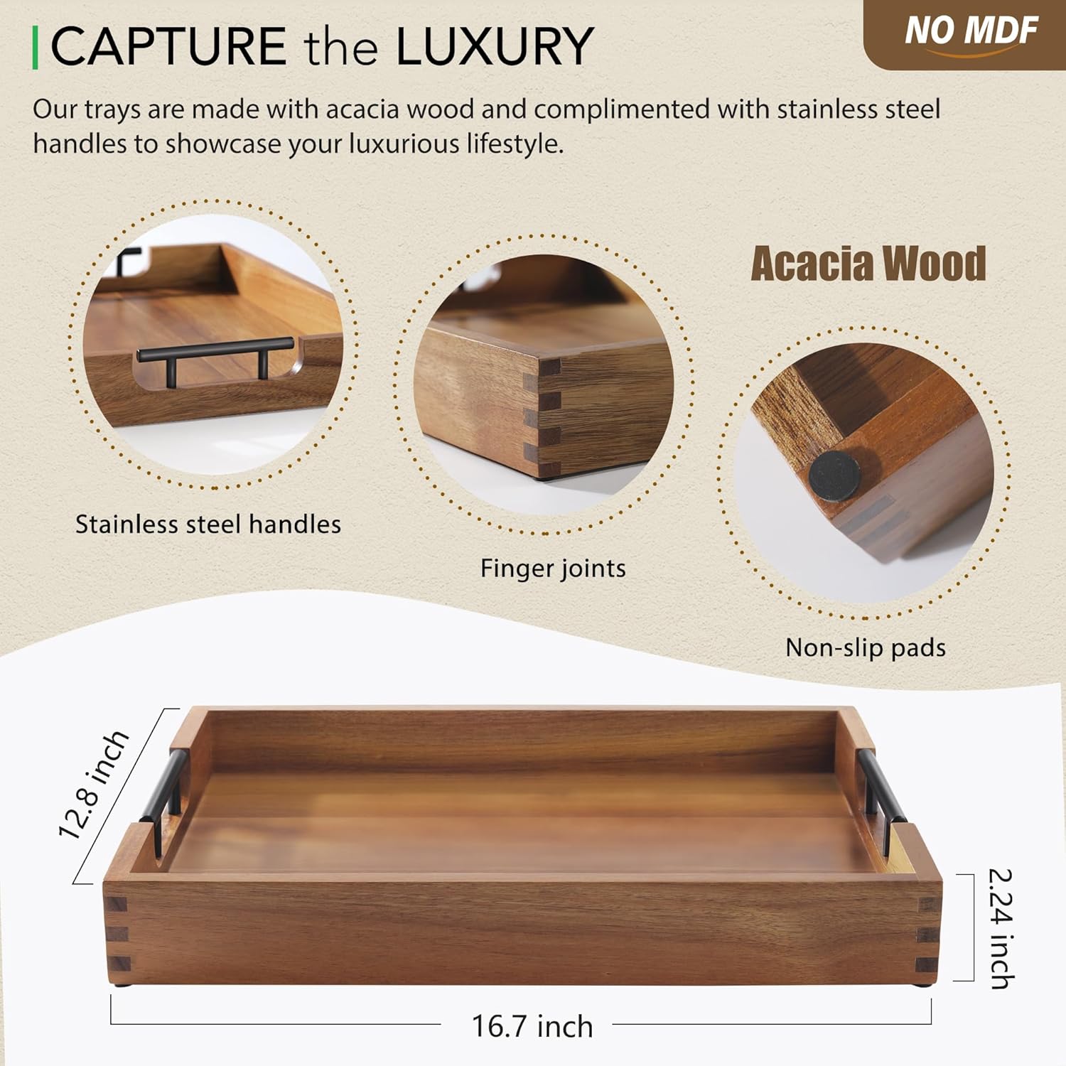 Joy&Grace Ottoman Tray for Living Room 16.7 x 12.8 inch Large Acacia Wooden Serving Tray with Handles for Coffee Table, Breakfast in Bed, Food Dinner, Decorative Rectangular Tray (Color Natural)