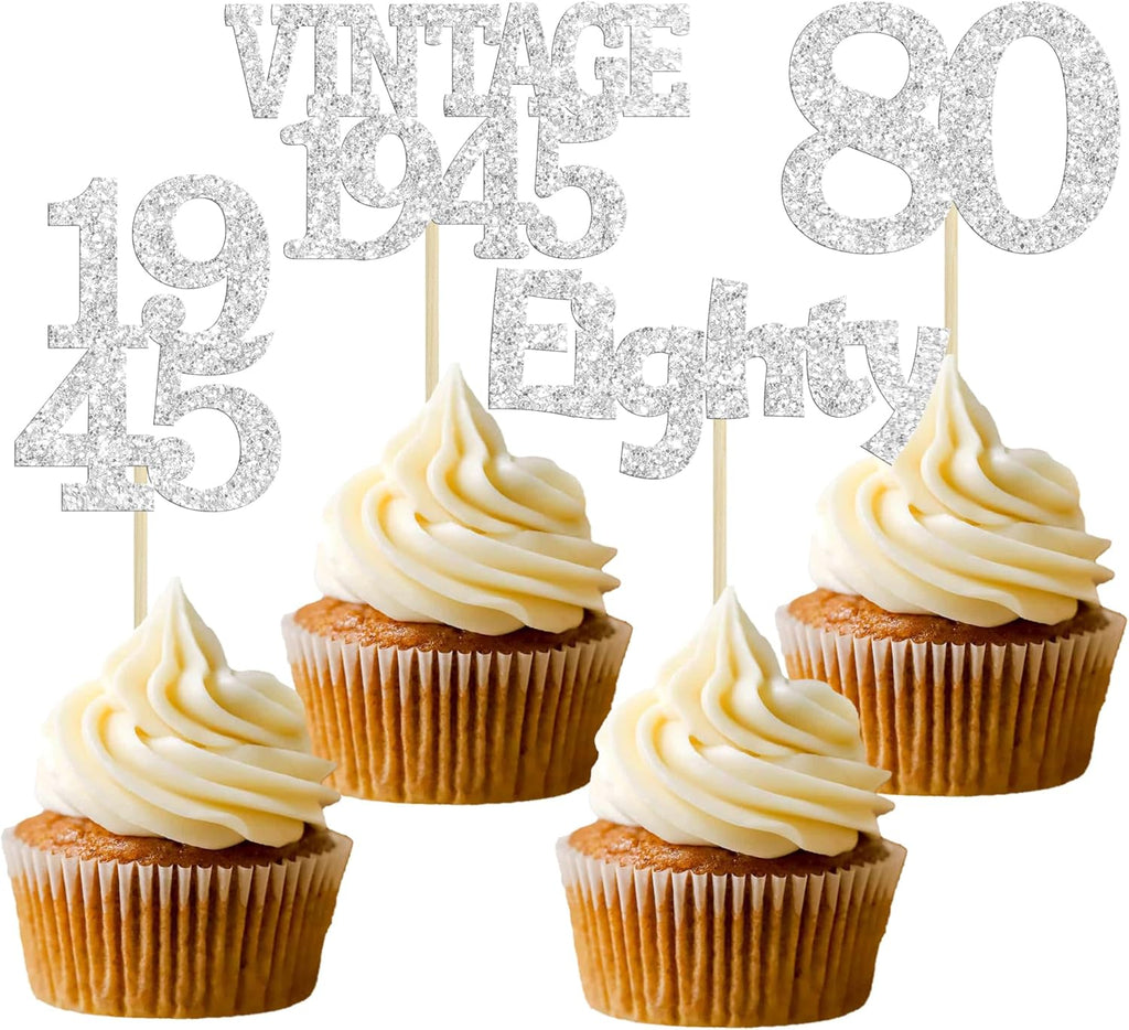 Gyufise 24Pcs 80th Birthday Cupcake Toppers Glitter Cheers to 80 Fabulous Eighty Vintage 1945 Cupcake Picks 80th Birthday Wedding Anniversary Party Cake Decorations Supplies Silver