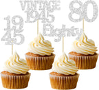 Gyufise 24Pcs 80th Birthday Cupcake Toppers Glitter Cheers to 80 Fabulous Eighty Vintage 1945 Cupcake Picks 80th Birthday Wedding Anniversary Party Cake Decorations Supplies Silver