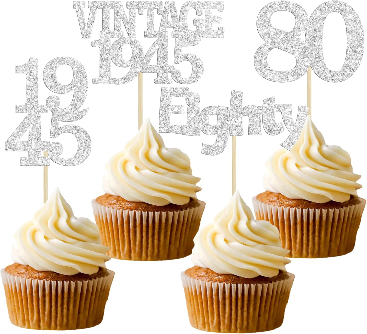 Gyufise 24Pcs 80th Birthday Cupcake Toppers Glitter Cheers to 80 Fabulous Eighty Vintage 1945 Cupcake Picks 80th Birthday Wedding Anniversary Party Cake Decorations Supplies Silver