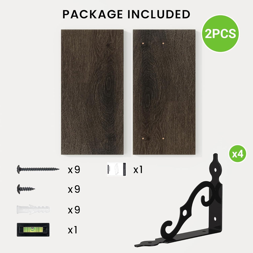 RICHFOCUS Floating Shelves for Wall Decor, 8 Inch Deep Wall Shelves Set of 2, 16W x 8D Black Floating Shelves Wall Mounted with Metal Brackets, Rustic Wood Shelves for Living Room Bedroom Kitchen