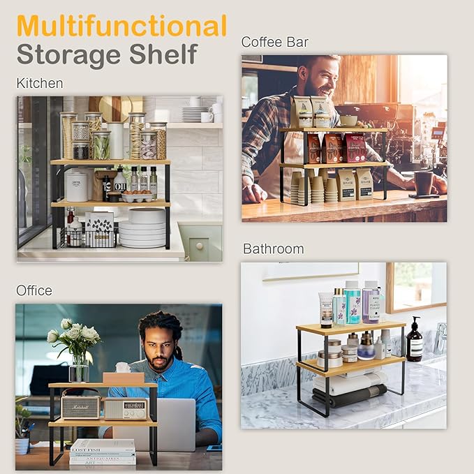 Cabinet Shelf Organizers, 15.7 inches Large Kitchen Counter Shelf, Set of 2 Wood Kitchen Pantry Organizer, Storage Shelves for Countertop, Spice Rack, Stackable, Expandable, Metal Black, Nature