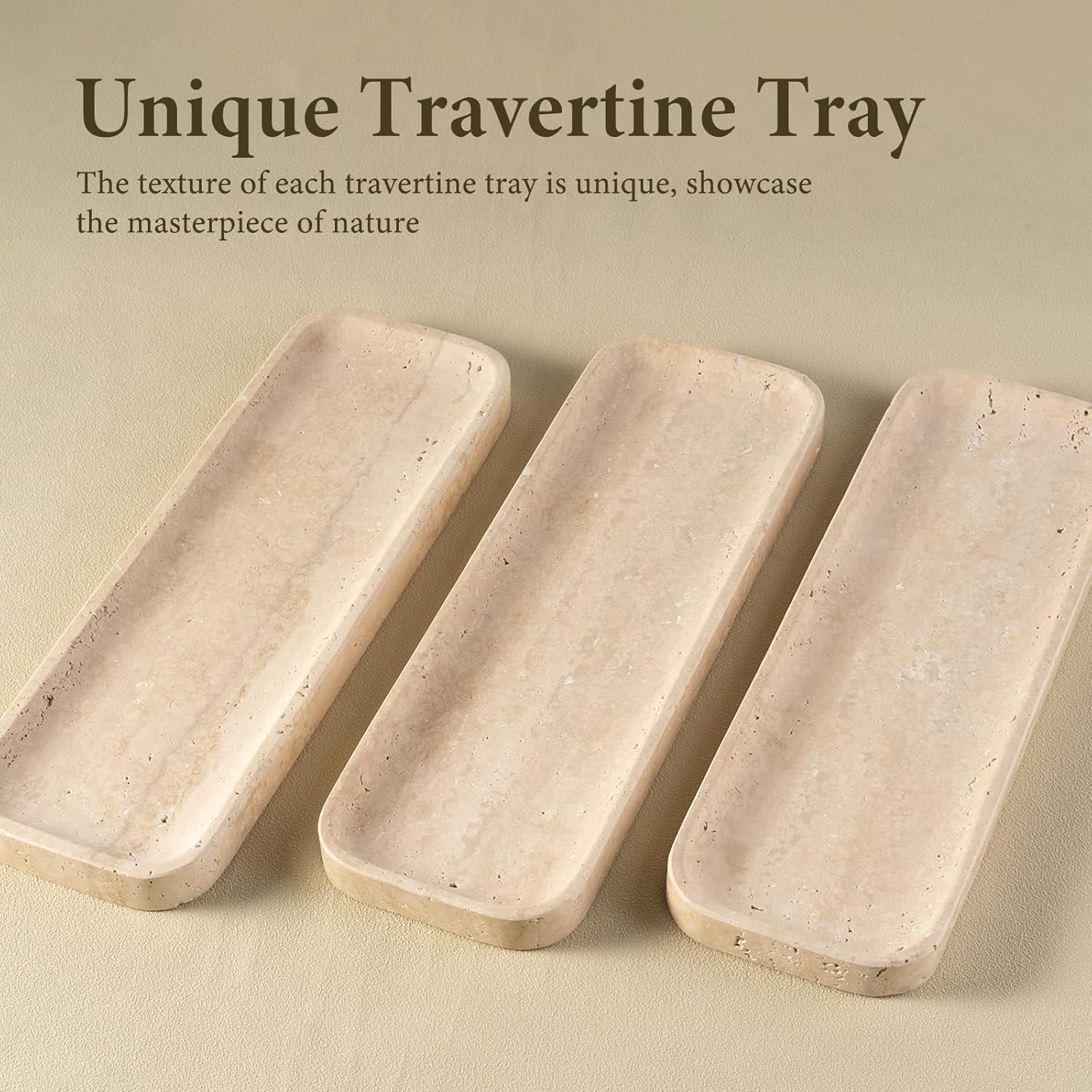 Koville Marble Tray, 12"x8" Marble Vanity Tray for Bathroom Kitchen Countertop, Rectangular Stone Tray for Cosmetics Perfume Trinket, Decorative Catchall Trays (12"x4"-Travertine)
