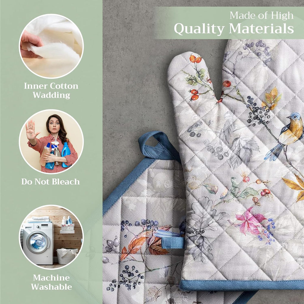 Maison d' Hermine 100% Cotton Oven Mitt & Pot Holder Set (7.5"x13" & 8"x8") Heat Resistant BBQ Cooking Gloves with Loop, Baking, Grilling, Kitchen, Handling Hot Pans (Equinoxe - Grey)