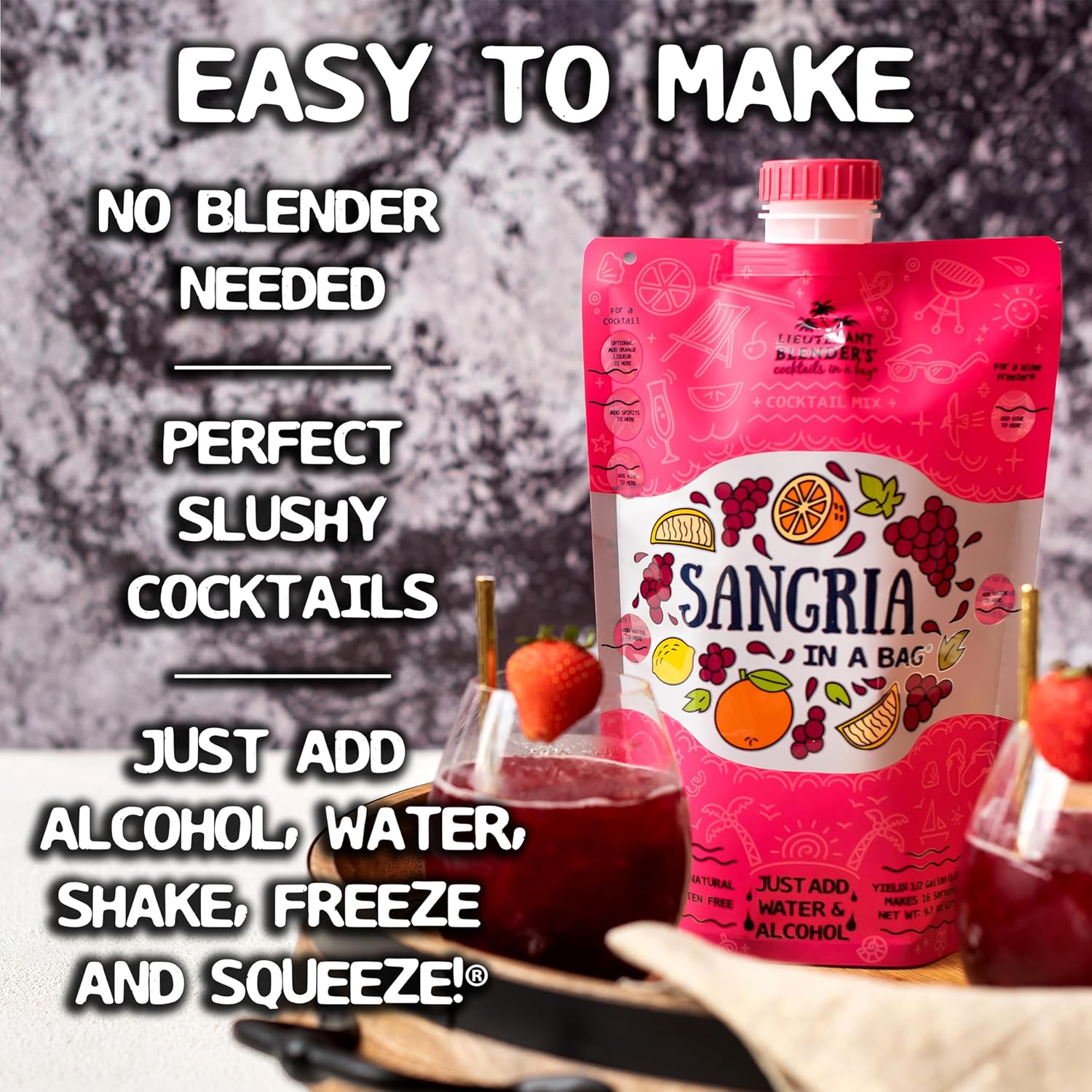 Lt. Blender's Sangria in a Bag – Wine Slushie Mixes - Each Bag Makes 1/2 Gallon of Frozen Red Sangria Mix – Non-GMO Wine Freezer Mix - Make with Wine, Liquor or as a Mocktail - (Pack of 5)