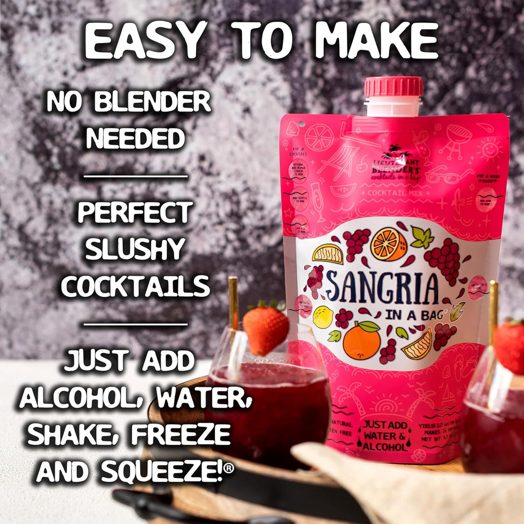 Lt. Blender's Sangria in a Bag – Wine Slushie Mixes - Each Bag Makes 1/2 Gallon of Frozen Red Sangria Mix – Non-GMO Wine Freezer Mix - Make with Wine, Liquor or as a Mocktail - (Pack of 4)