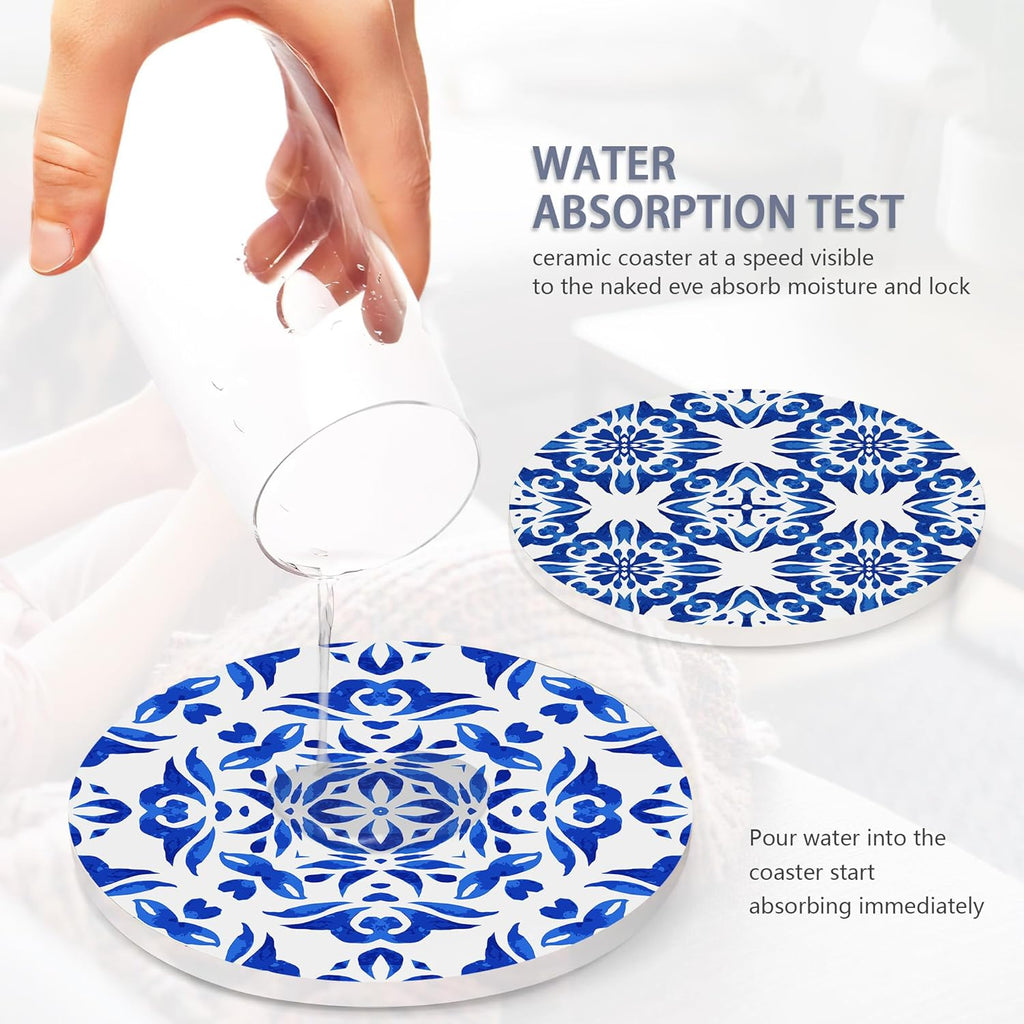 Drink Coasters Set of 6 with Holder, Handpainted Blue Pattern Absorbent Ceramic Coasters with Cork Base,Fit All Cups,Great Gift for Housewarming,Room Decor,Bar,Holiday Party