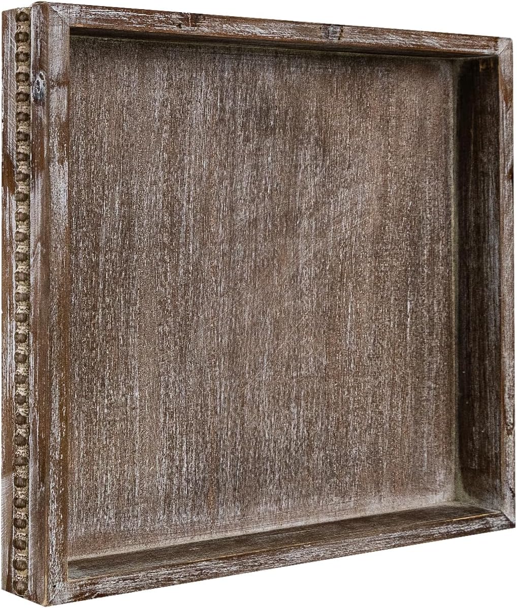 Wooden Decorative Tray, Small Serving Tray with Wood Bead, Farmhouse Big Tray for Ottoman, Countertop, Coffee Tabl, 13" x 13"x 1.6" (Retro Brown)