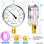 MEANLIN MEASURE -30inHG~30Psi Stainless Steel 1/4" NPT 2.5" FACE DIAL Vacuum Pressure Gauge, Lower Mount, with 1/2" NPT and 3/8" NPT Hex Bushing