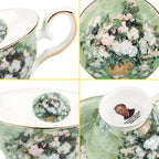 Floral Tea Cups Saucers Set of 2, Van Gogh Paintings Bone China 7 oz British Teacups Porcelain Tea Cups Coffee for Rose Teacups Cappuccino Espresso Latte (White Roses & Flowers Vase)