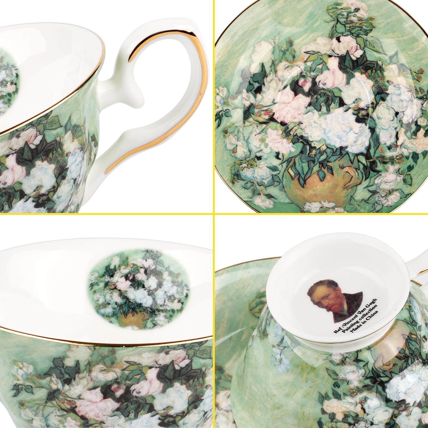 Floral Tea Cups Saucers Set of 2, Van Gogh Paintings Bone China 7 oz British Teacups Porcelain Tea Cups Coffee for Rose Teacups Cappuccino Espresso Latte (White Roses & Flowers Vase)