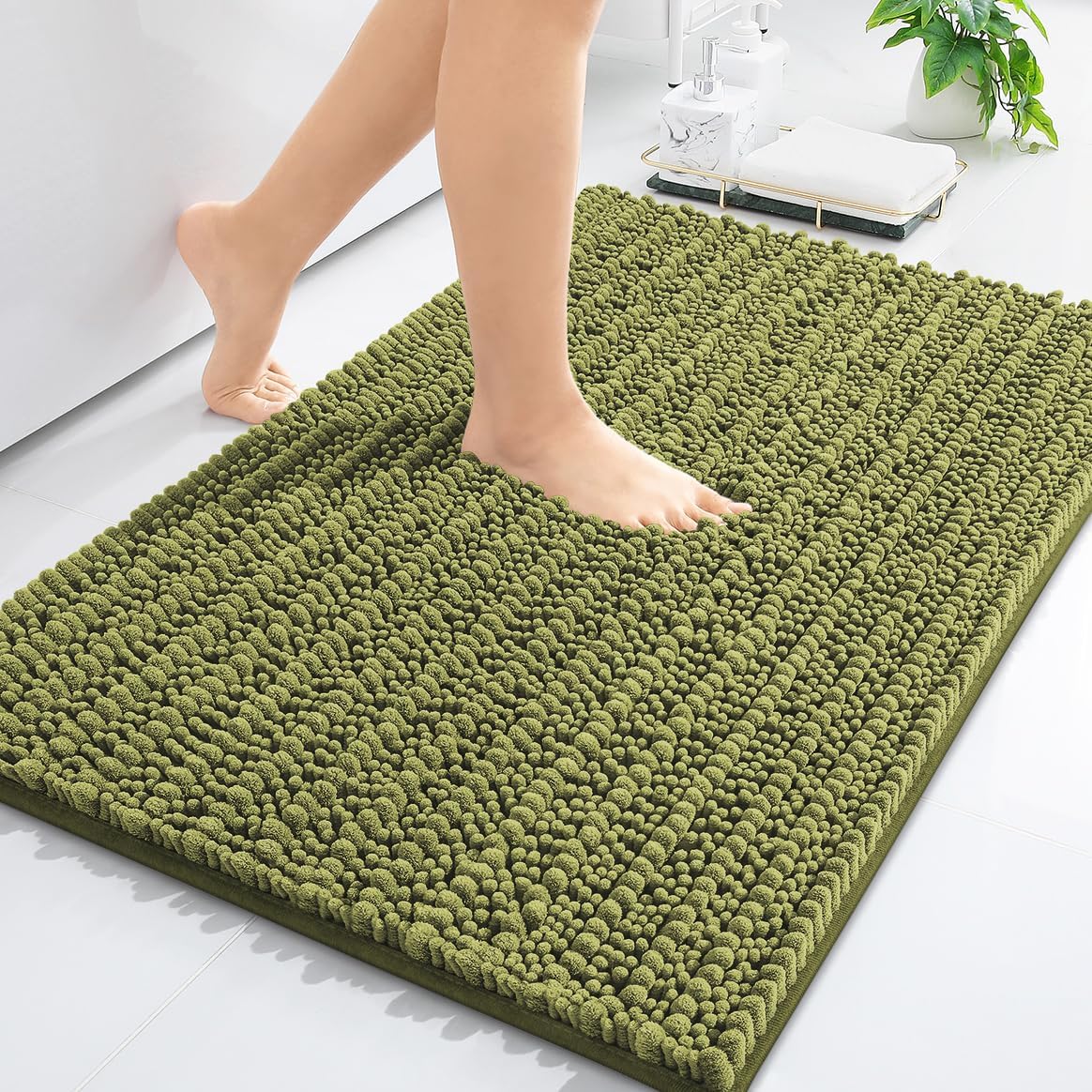 Arotive Luxury Chenille Bathroom Rug Mat, Extra Soft Thick Absorbent Shaggy Bath Rugs, Non-Slip Machine Wash Dry, Plush Bath Mats for Bathroom, Shower and Tub, 30x20, Willow Green