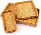 Handmade Rattan Serving Trays, Set of 3, Woven Rectangular Storage Baskets