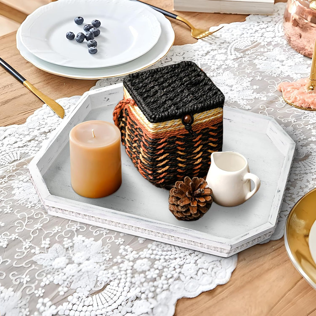 Wooden Decorative Tray, Rustic Serving Tray with Wood Bead, Farmhouse Big Tray for Ottoman, Countertop, Coffee Tabl, 16.5" x 13"x 1.6" (Retro White)