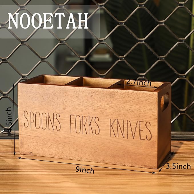 Silverware Holder, Acacia Wooden Small Utensil Caddy for Party , Silverware Organizer for Table Countertop, Wood Fork Spoon Knife Holder (Brown)