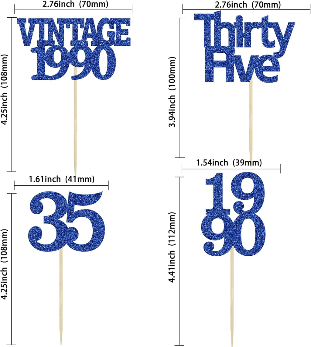 Gyufise 24Pcs Vintage 1990 Cupcake Toppers Glitter Cheers to 35 Fabulous Thirty Five Cupcake Picks 35th Birthday Wedding Anniversary Party Cake Decorations Supplies Deep Blue