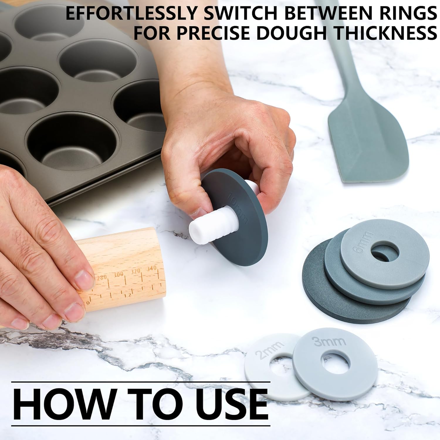 Bakeesy's 14' Wooden Rolling Pin Set with 5 Adjustable Thickness Rings - Roller Pin for Rolling Pizza, Cookie Dough, Pastry, Ravioli, Clay Slab - Full Set with Accessories - Perfect Baking experience