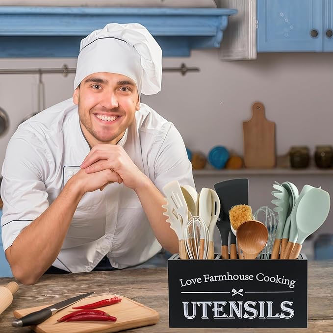 Kitchen Utensil Holder,Farmhouse Wooden Utensil Holder For Kitchen Counter,Large Cooking Spatula Organizer,Big Storage With 3 Compartments Flatware Spoon Tool Cutlery（Black）