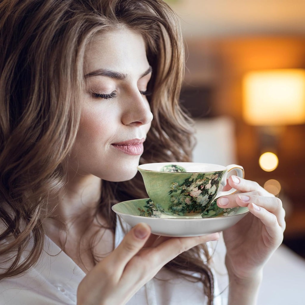 Floral Tea Cups Saucers Set of 2, Van Gogh Paintings Bone China 7 oz British Teacups Porcelain Tea Cups Coffee for Rose Teacups Cappuccino Espresso Latte (White Roses & Flowers Vase)