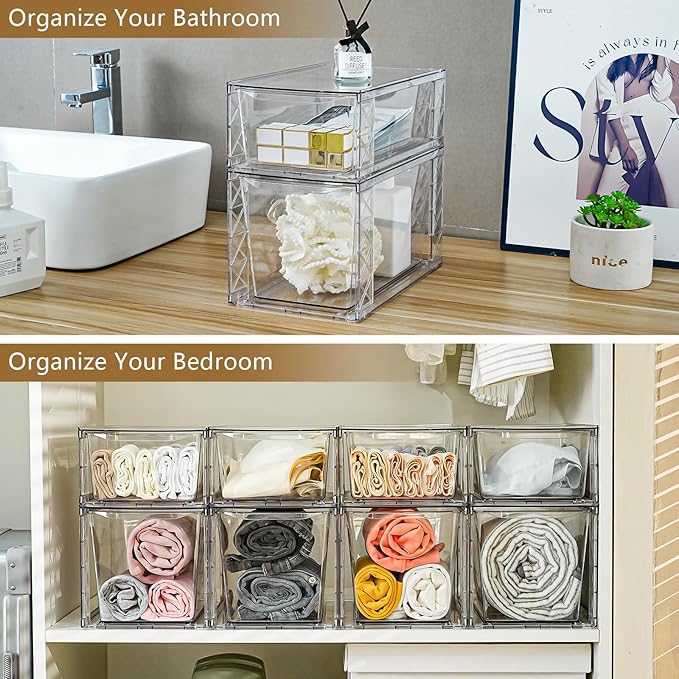 6Pack Pantry Organizers and Storage,Clear Stackable Kitchen Storage Organizer,Foods Organizer Bins with Handles, Easily Assemble for Bathroom, Kitchen, Refrigerator, Pantry, Cabinet, Closet