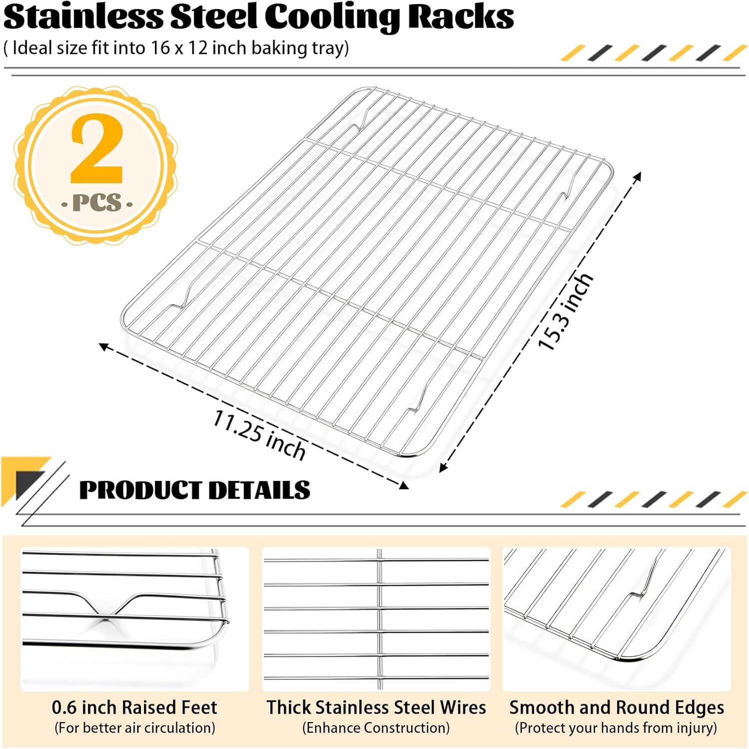 P&P CHEF Cooling Baking Rack Pack of 2, Stainless Steel Cooling Racks for Cooking Baking Roasting Grilling Drying, Dense Wires & Smooth Edge, Easy to clean, Silver, 15.3" x 11.25"