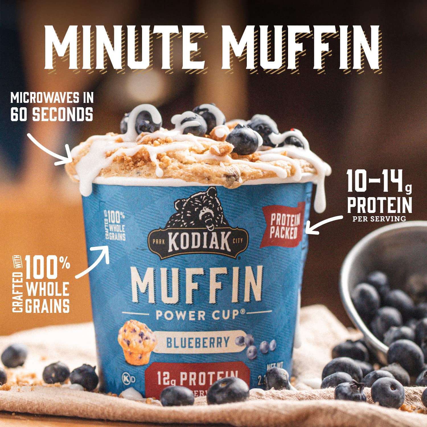 Kodiak Cakes Minute Muffins, Mountain Blueberry, 2.29 Ounce (Pack of 12) (Packaging May Vary)