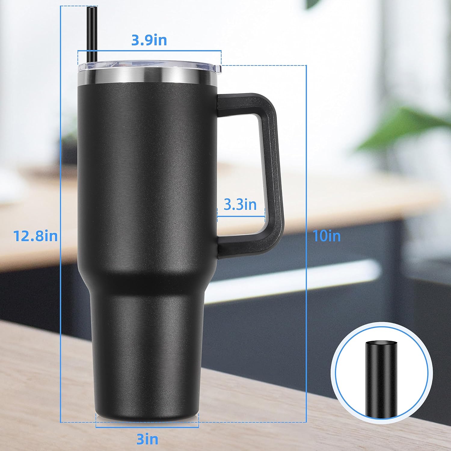 DOMICARE 40 oz Tumbler with Handle and Straw, Stainless Steel Tumbler with Lid and Straw, Reusable Vacuum Insulated Cup, Travel Coffee Mug, Black, 1Pack