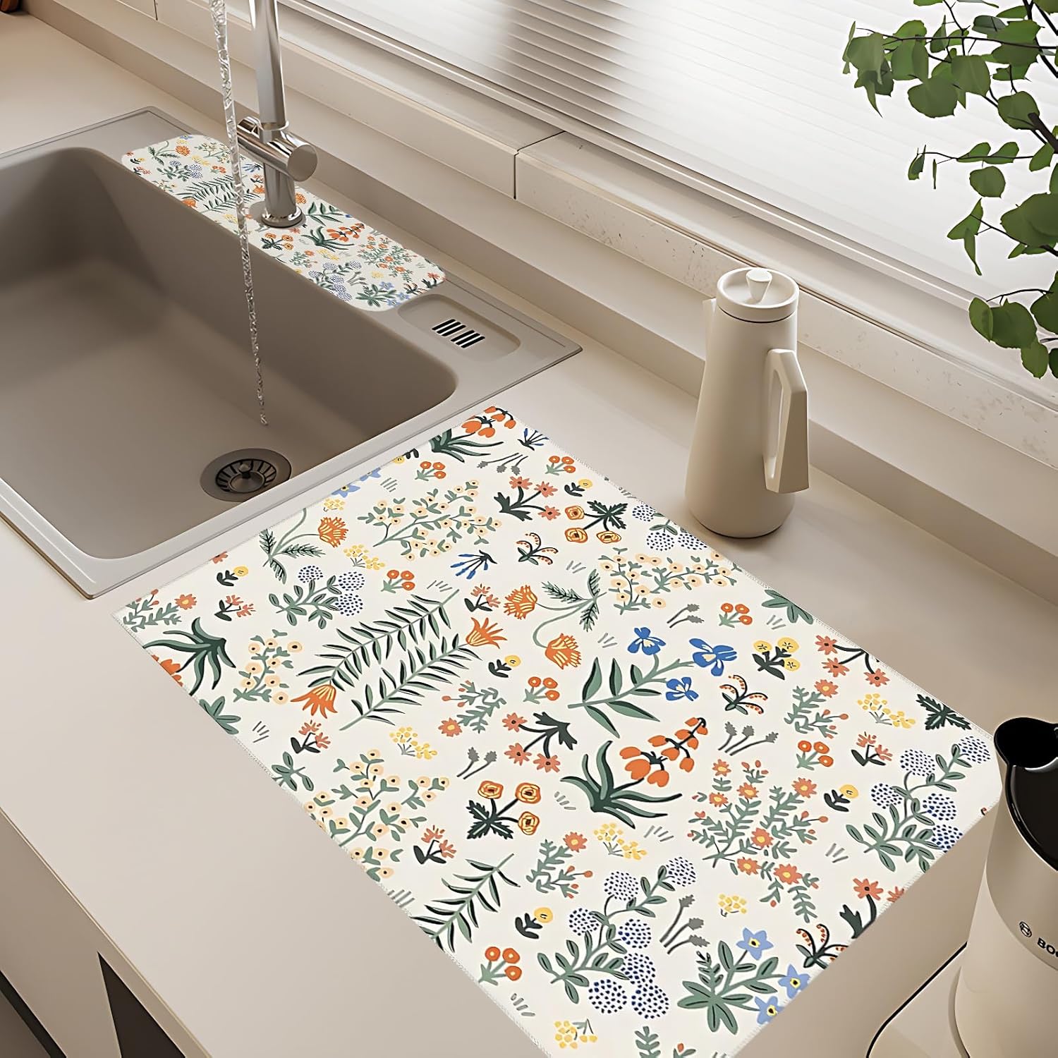 2Pcs Dish Drying Mats Faucet Mats Sets Large Size Coffee Mats Sink Faucet Mat Splash Guard for Kitchen Counter Bathroom Sink Coffee Bar Kitchen Decor (Wildflowers 2, 18"x24" 15" x 5.5"Set)