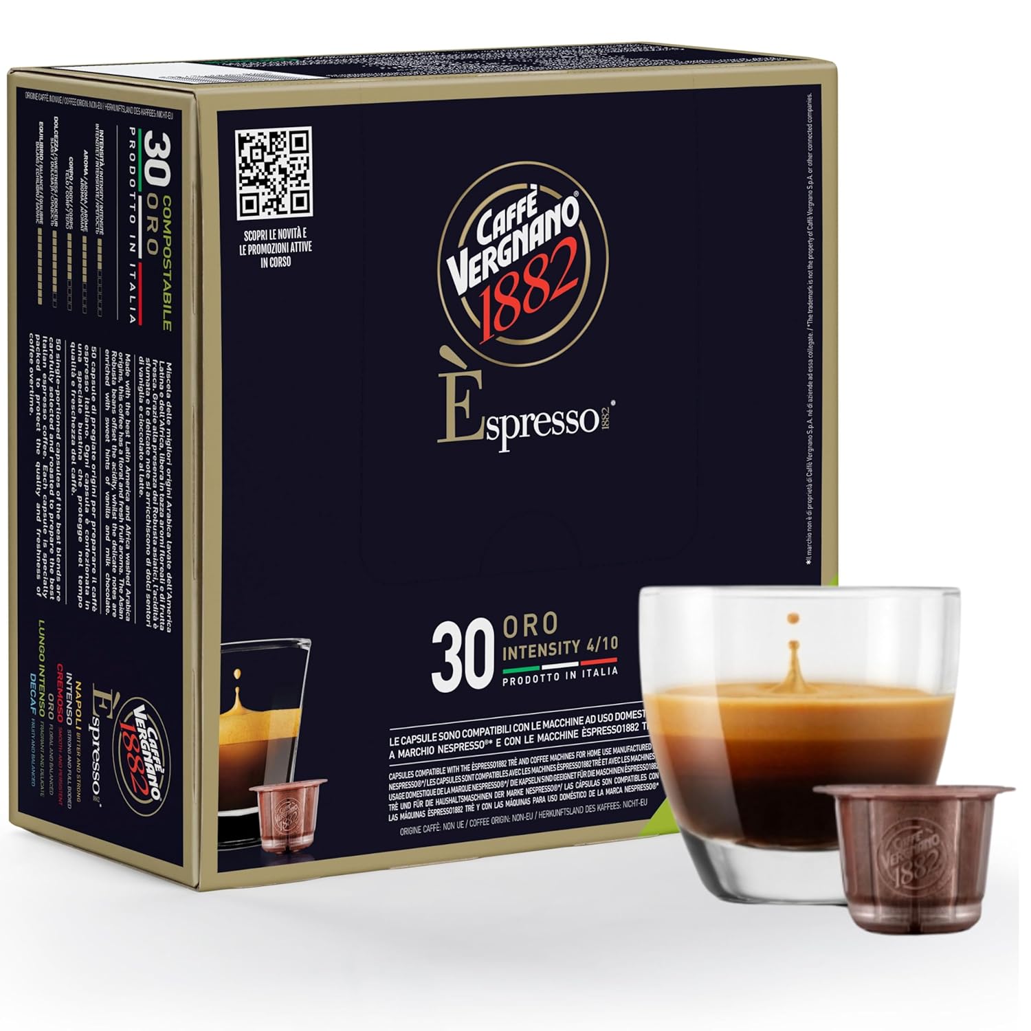 Caffe' Vergnano 1882 Medium Roast Espresso Original Line Machine Compatible Capsules, Single-Serve Arabica Robusta Espresso, Italian Coffee For Nespresso Coffee Machines, Intensity 4/10, Oro, 30 Ct